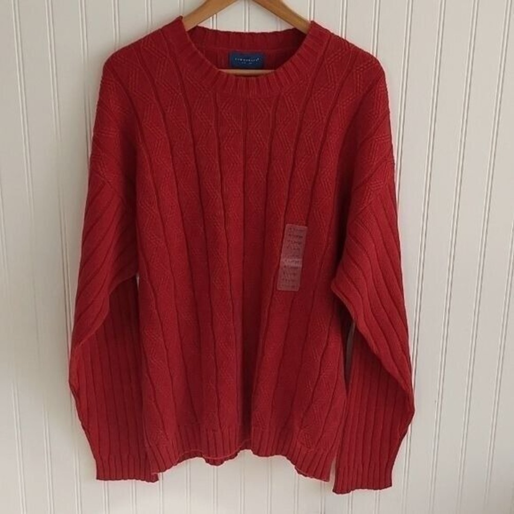 Vtg Towncraft Barn Red Cable Knit Ribbed Sweater Mens XL Crew